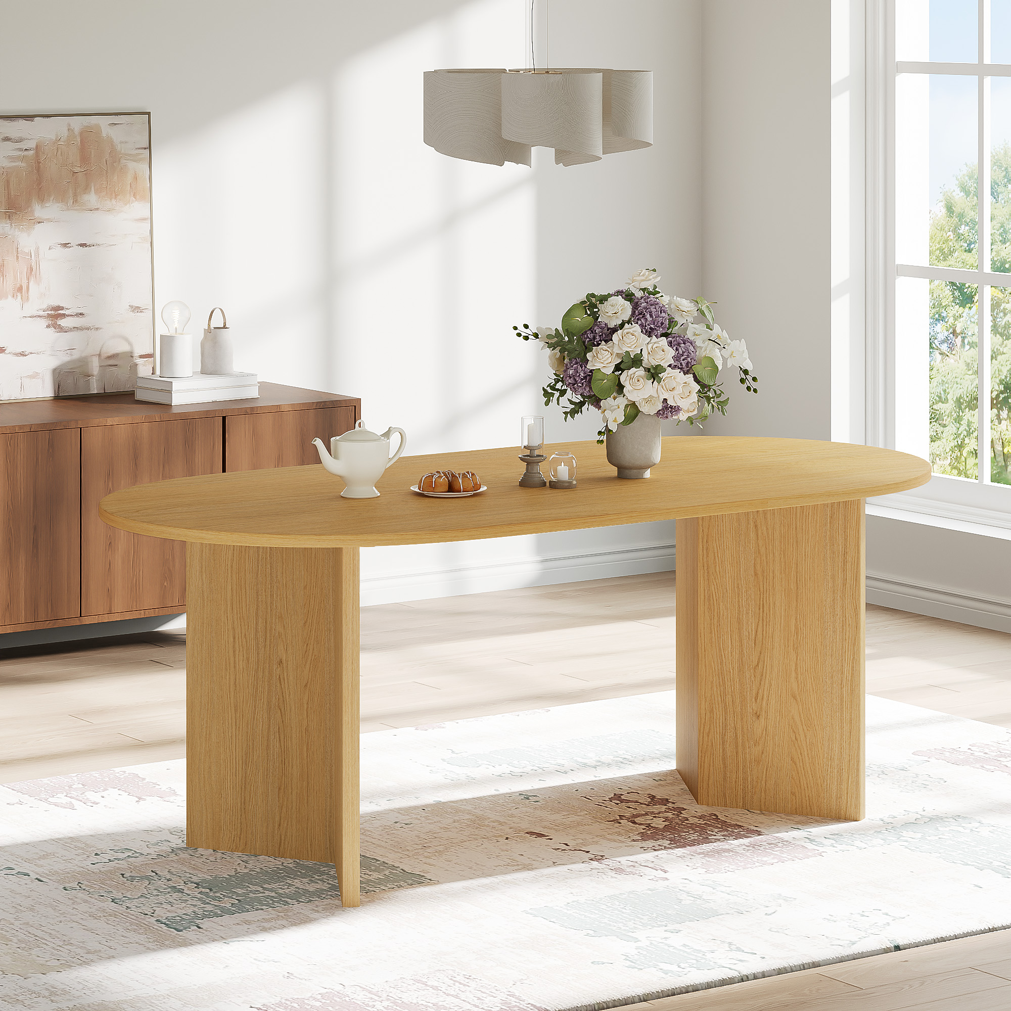 MAYEERTY 67x33.5x30in Oval Dining Table with V-Shaped Legs, Natural Wood Color