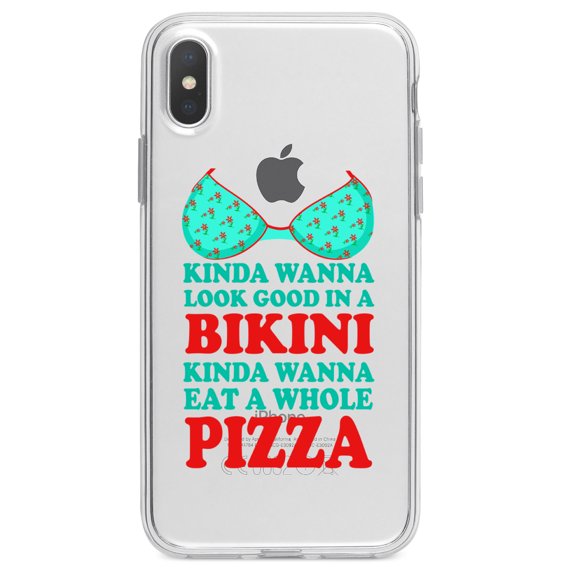 DistinctInk Clear Shockproof Hybrid Case for iPhone XS Max (6.5" Screen) - TPU Bumper Acrylic Back Tempered Glass Screen Protector - Kinda Wanna Look Good in Bikini Want Whole Pizza