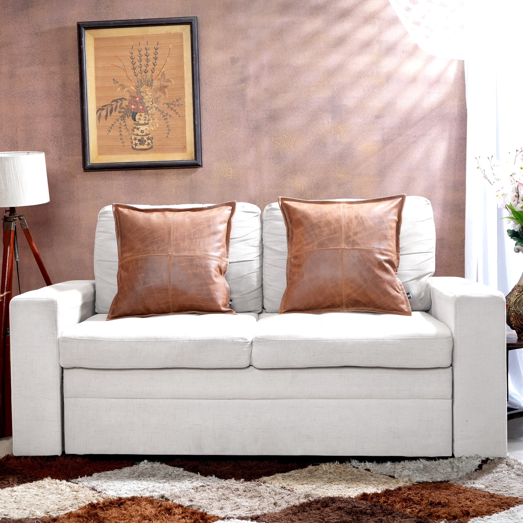 Lambskin Leather Pillow Cover, Sofa Cushion Case, Home Decor Style for Living Room & Bedroom, Cognac Box, 14x14