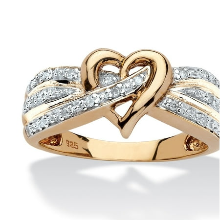White Gold Crossover Ring - 1/10 TCW Round Diamond Crossover Heart Ring in 18k Yellow Gold over Sterling Silver