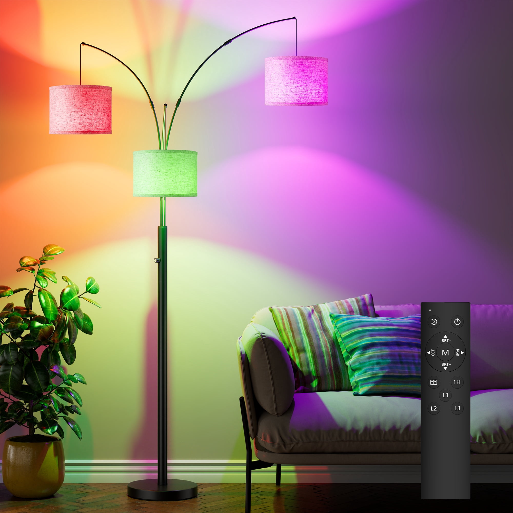 Newest 67” Modern 3-Head LED Floor Lamp with 3-Color Dimmable Light, Adjustable Black for Living Room