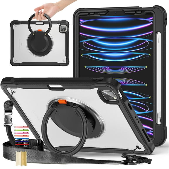 Decase Crossbody Case for iPad Pro 11 inch 2022/2021/Air5/4,Shockproof Heavy Duty Rugged Protective Built-in 360°Rotation Stand Handle with Adjustable Shoulder Strap,Dual-Layer Protection Case,Black