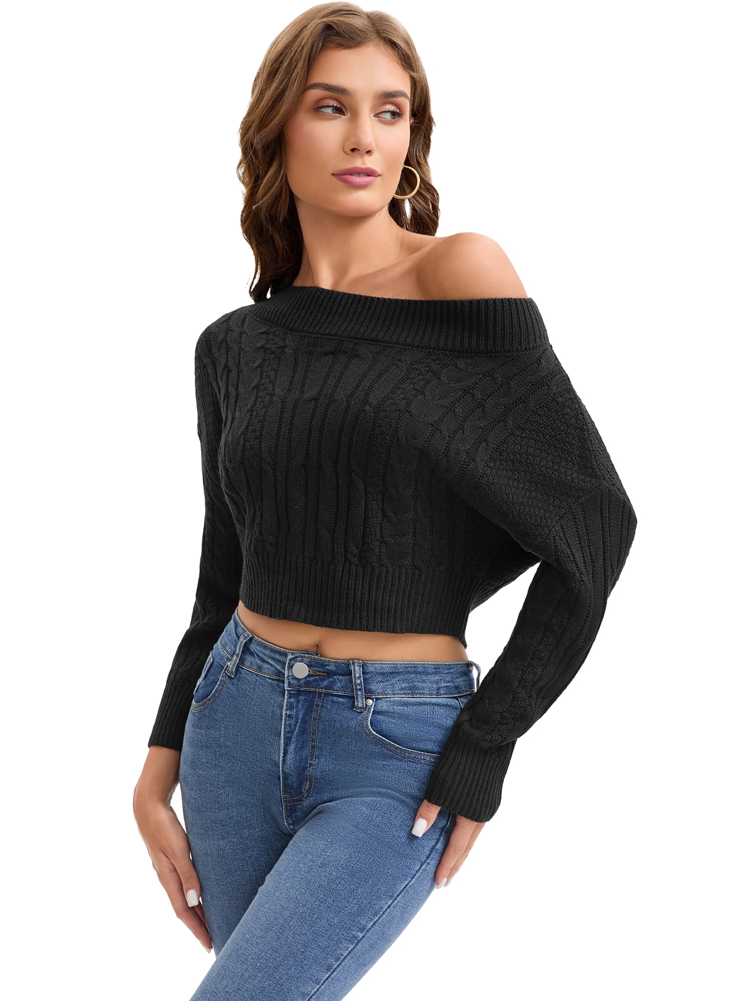 DARING DIVA Women's Off Shoulder Cable Knit Cropped Batwing Long Sleeve Sweater S Black
