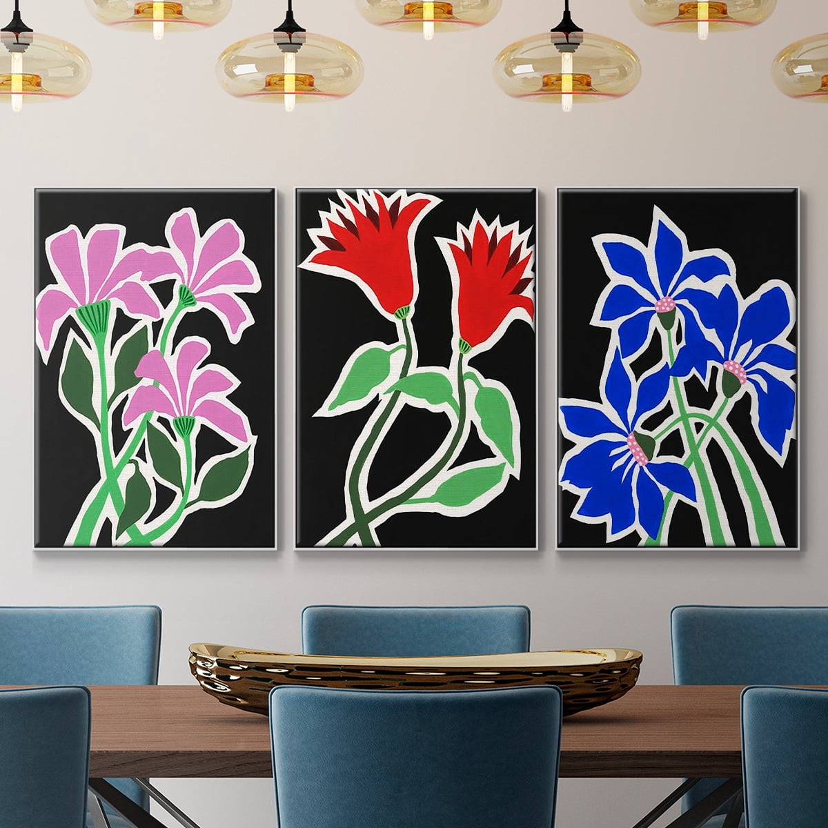 Pop Flowers IV - Framed Premium Gallery Wrapped Canvas L Frame 3 Piece Set - Ready to Hang
