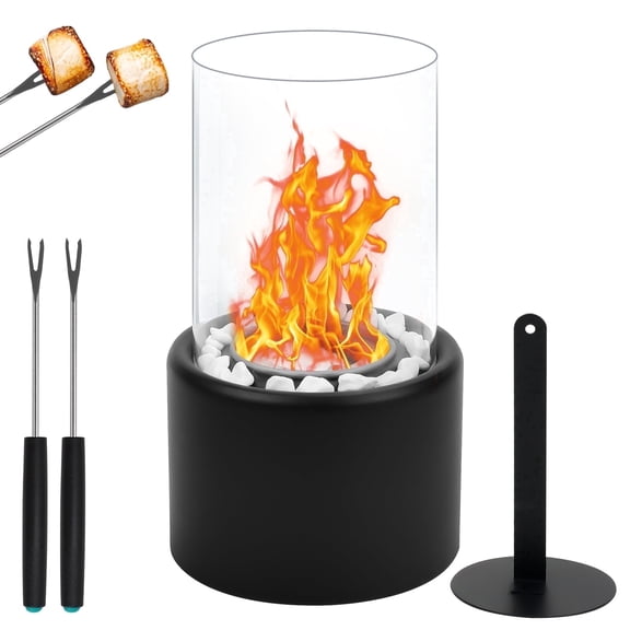 Audoyon Tabletop Fire Pit, Decorative Glass Centerpiece Heater Frame for Outdoor & Indoor, 2 Roasting Forks and White Stones for Christmas