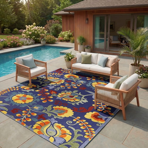 Nourison Aloha Outdoor Navy Multicolor 7'10" x 10'6" Area Rug (8x11)