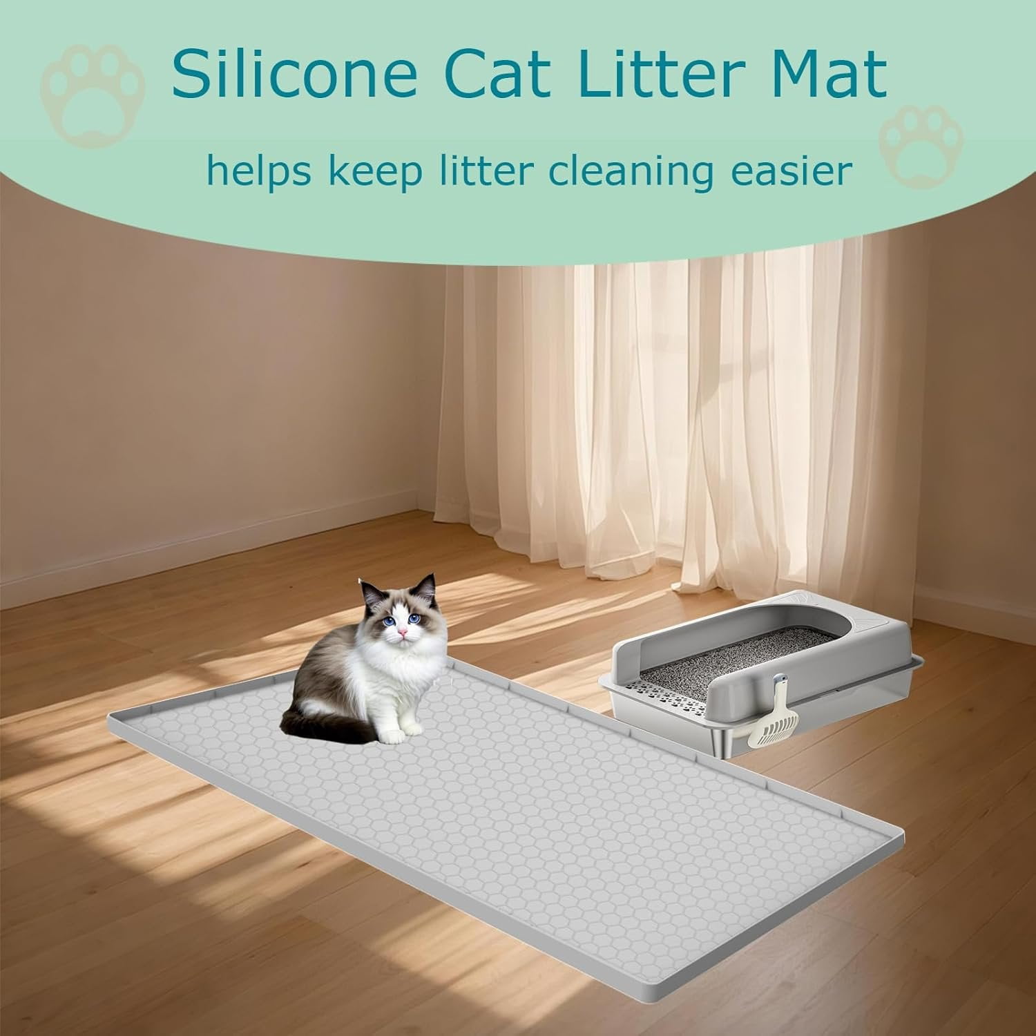 Litter Mat,  Large  Mat for Litter Box - 34x22 in,  & Non-Slip, Durable & Easy Clean, Light Grey