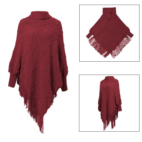 Women's Turtleneck Cape with Fringed Hem, Poncho Sweater High Neck Knitted Pullover