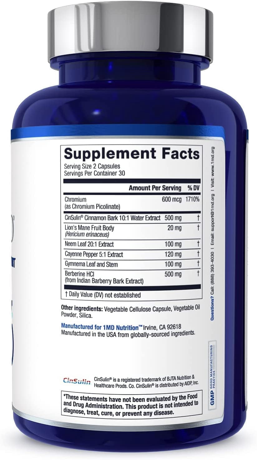 1MD Nutrition GlucoseMD - Blood Sugar Support Supplement | with Patented Cinnamon Extract, Chromium, Berberine | 60 Capsules