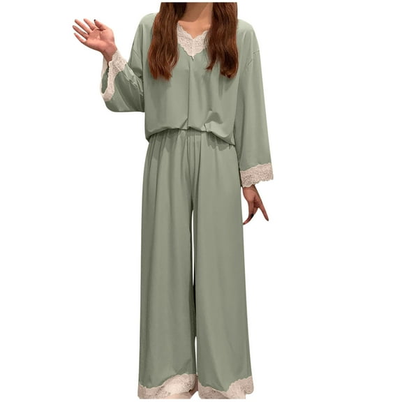 hoksml 2 Piece Sets for Women V-Neck Lace Trim Sleepwear Set Long Sleeve Top with Elastic Waist Pants Loungewear Pajama Set
