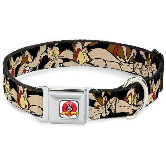 Looney Tunes Pet Collar, Dog Collar Metal Seatbelt Buckle, Wile E Coyote Expressions Black, 15 to 24 Inches 1.0 Inch Wide