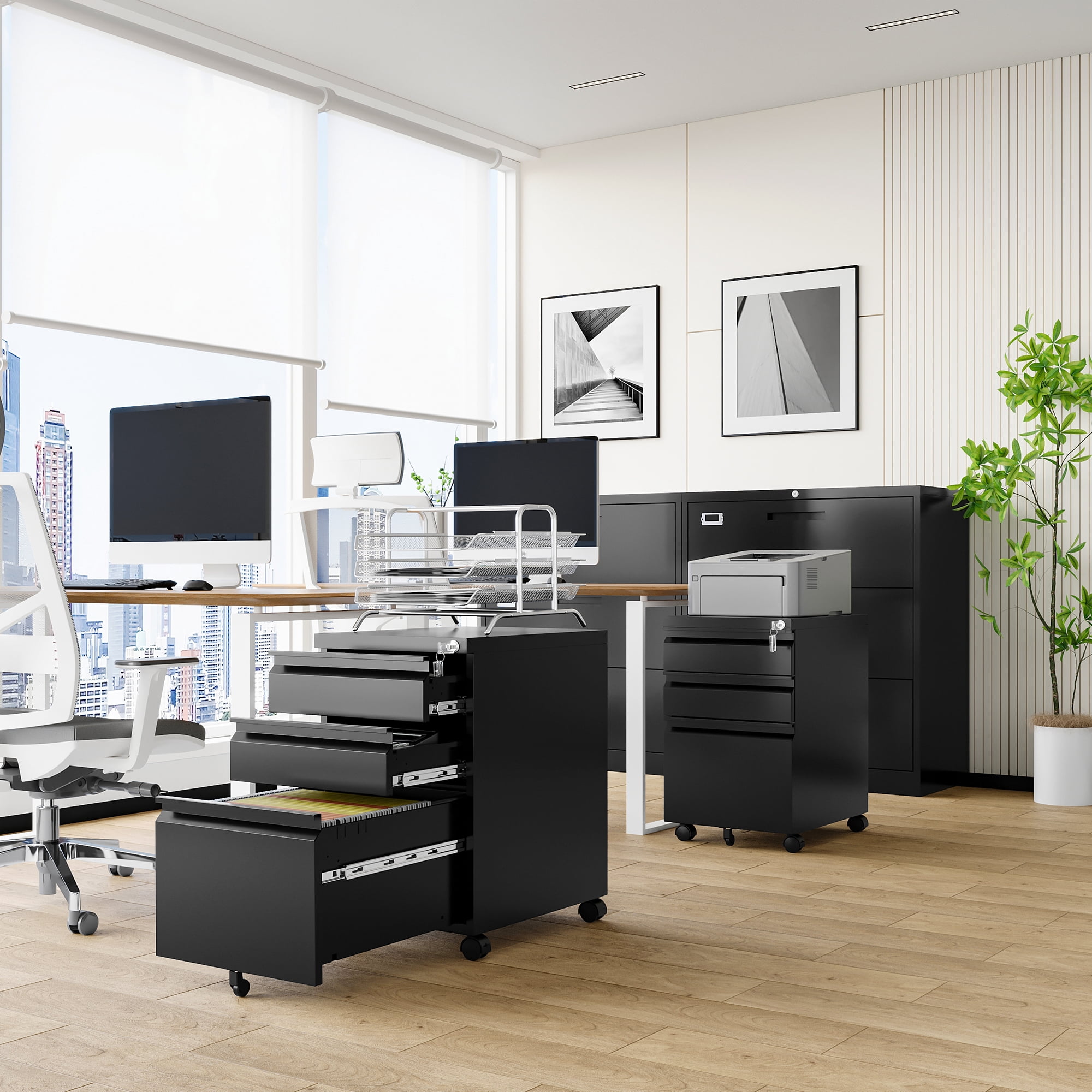 AUHUP 3 Drawer Mobile File Cabinet with Lock, Metal Filing Cabinet with Wheels for Legal/Letter/A4 File, Under Desk File Cabinets for Home Office,Black,Fully Assembled