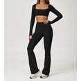 thumbnail image 2 of PISONIC Workout Sets for Women 2 Piece Square Neck Long Sleeve Crop Tops High Waist Flared Leggings Gym Sets, 2 of 12