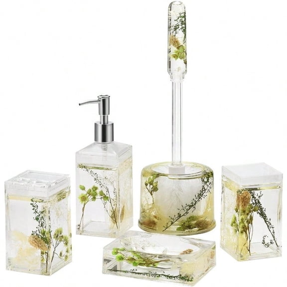 Locco Decor 5 Piece Acrylic Liquid 4D Floating Motion Bathroom Vanity Accory Set Garden Botanic Green Plants Toothbrush Holder Tumbler Soap Dispenser Soap Dish Toiletbrush Holder Set