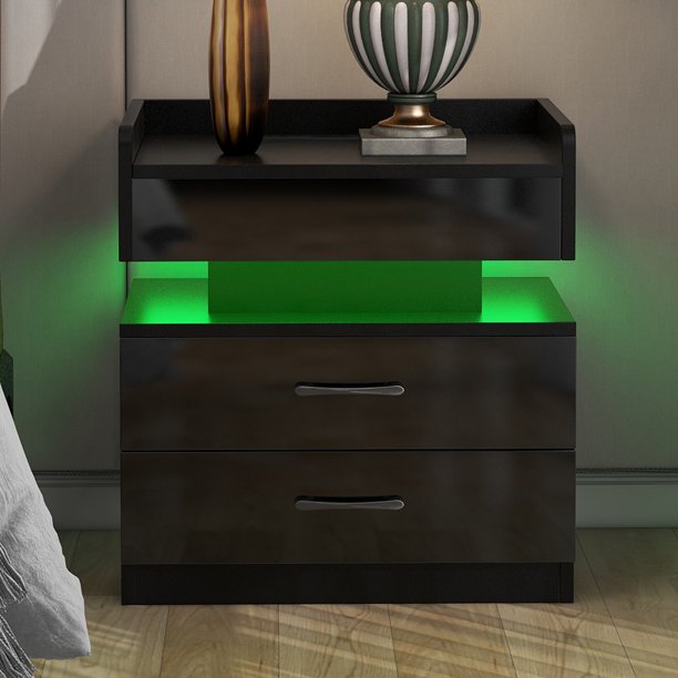 Modern Nightstand with LED Light, USB Charging Ports and Outlets, Wireless Charging, Sesslife