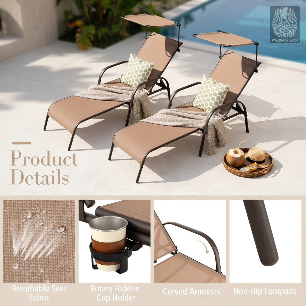 Hommoo Heavy-Duty 5-Position Adjustable Chaise Lounge Chair for Patio, Backyard & Poolside, Fabric & Metal Recliner with Sunshade Canopy & Hidden Cup Holder, Brown