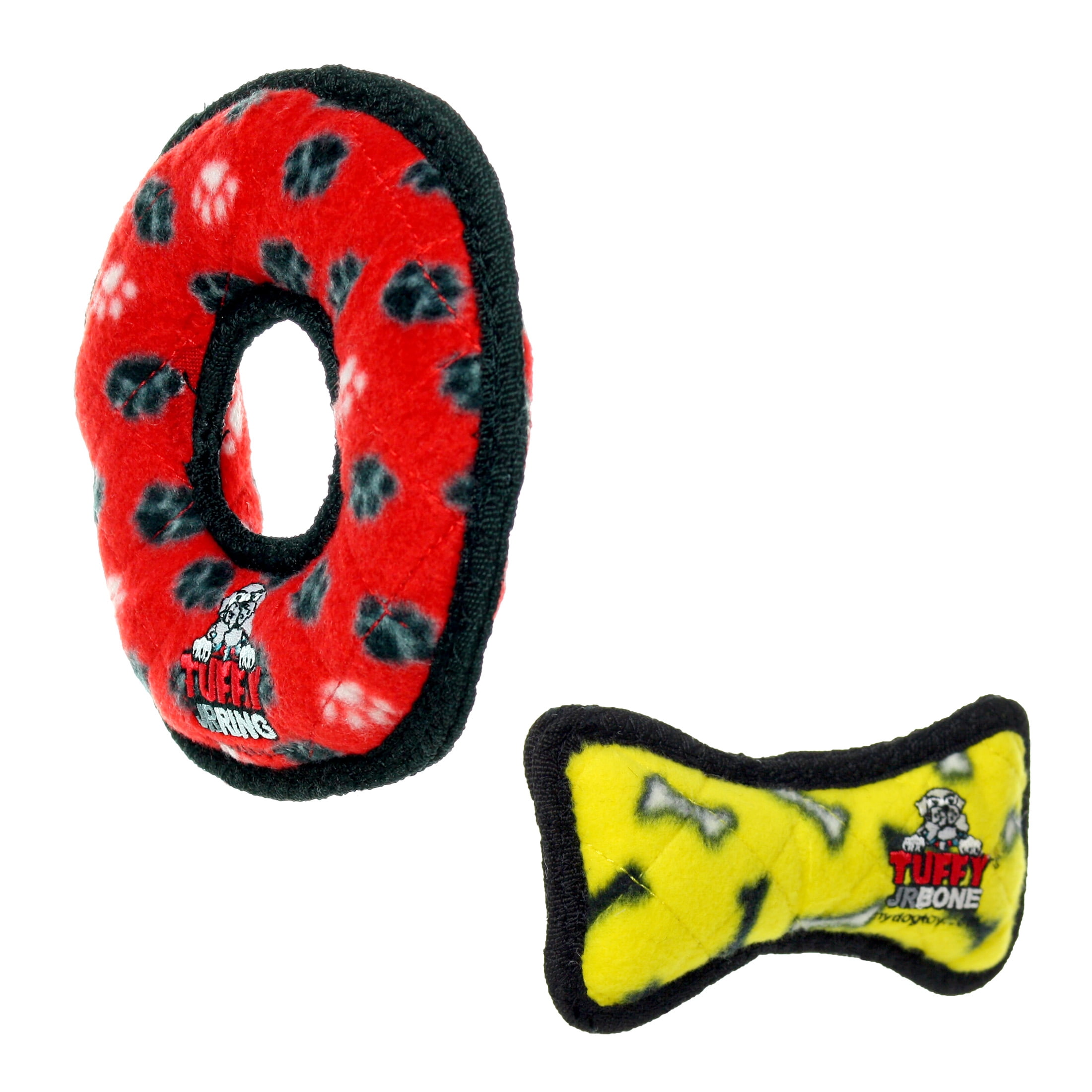 TUFFY Jr Bone Yellow and Ring Red Paw Durable Plush Squeaky Dog Toy, 2 Pack