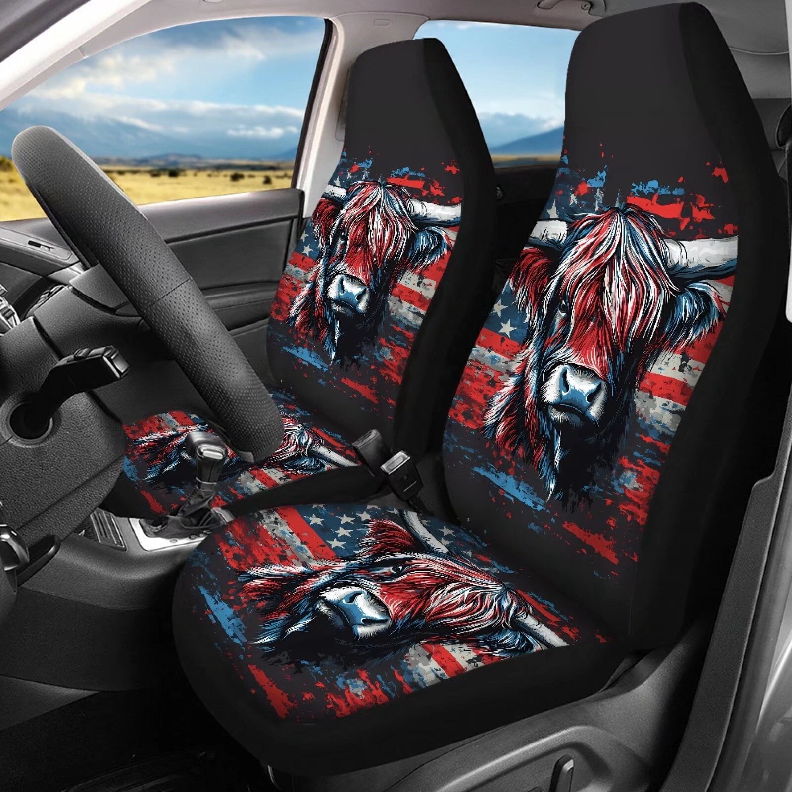 Pzuqiu American Flag Highland Cow Automotive Seat Covers Seat Cover Sets Fashion Full Car Interiors 4 Seats Car Seat Protector Automotive Vehicle Cushion Print for Cars Truck Universal Fit Set