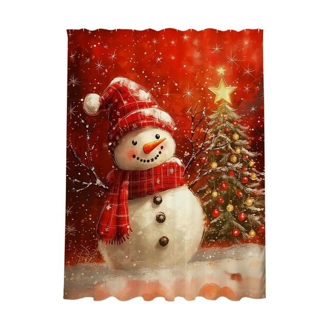 Rideau de Douche Bonhomme de Neige de Noël 70.86X59.05 Pouces Imperméable Décoration de Salle de Bain avec Boules Rouges Argentées Branches de Pin Baies