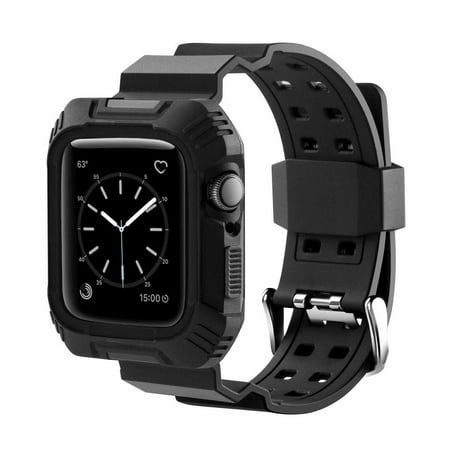 for Apple Watch Series 4, Rugged Shockproof Protective Case iWatch Cover with Wrist Strap Bands Belts - Black,