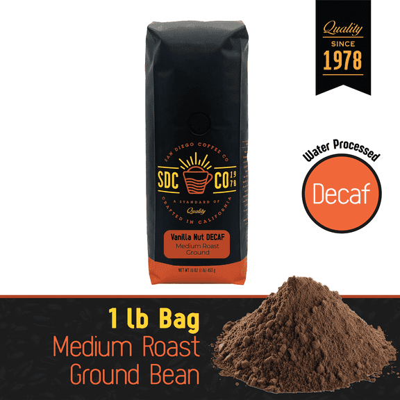 San Diego Coffee DECAF Vanilla Nut, Medium Roast, Ground Coffee, 16-Ounce Bag
