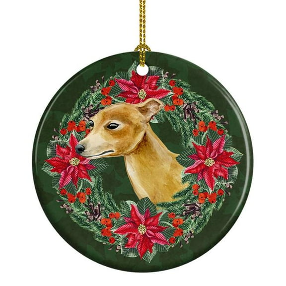 Italian Greyhound Poinsetta Wreath Ceramic Ornament 2.8 in x 2.8 in