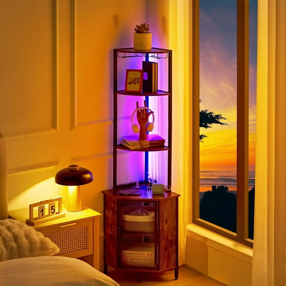 6 Tier Corner Shelf with LED Light and Charging Station, 63” Tall Standing Cabinet Organizer, Narrow Bookshelf with Storage Rack for Living Room, Bedroom, Kitchen, Balcony, Small Space