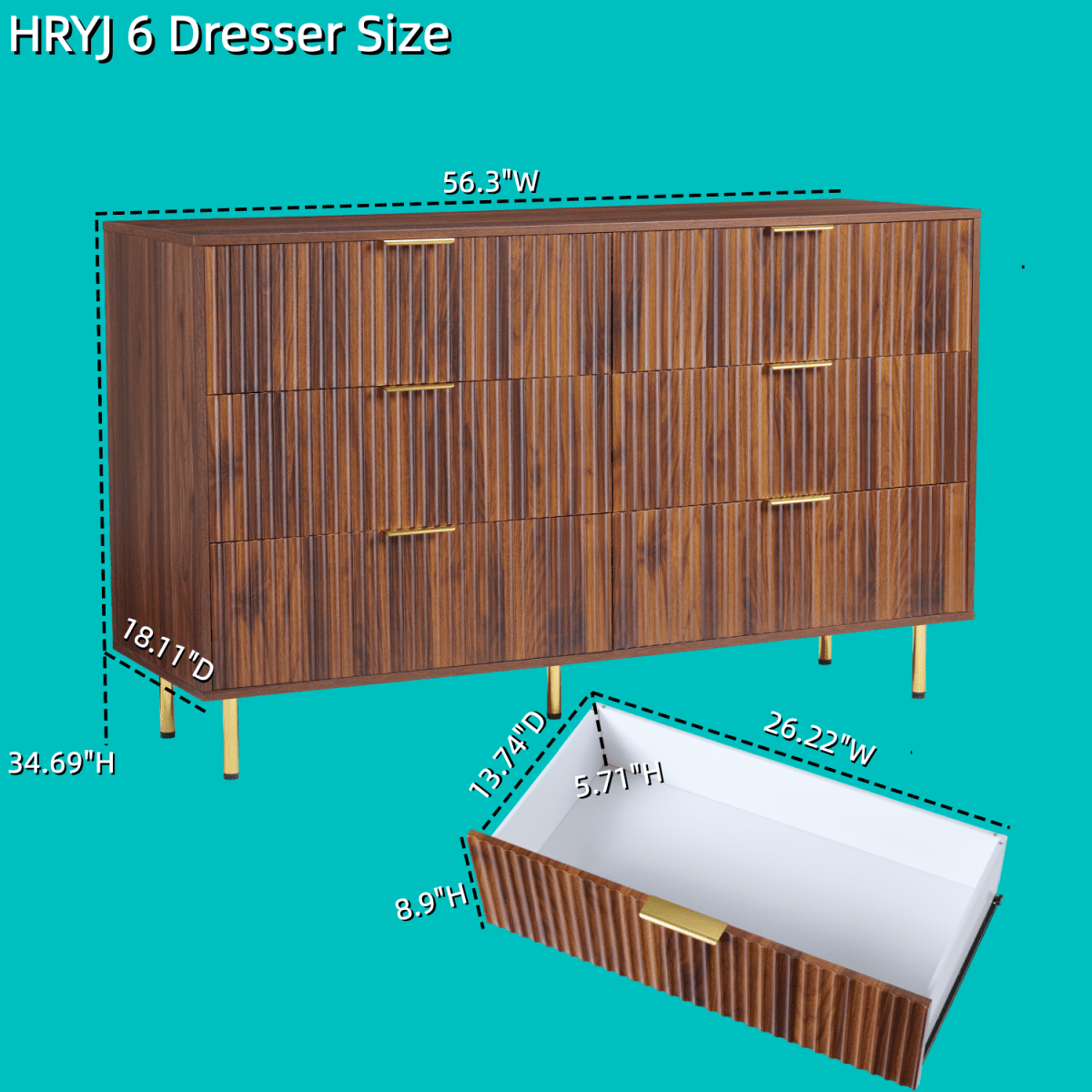 6 Drawers Dresser for Bedroom Closet, Mid Century Modern 56" Wide Chest of Drawers,Dark Walnut