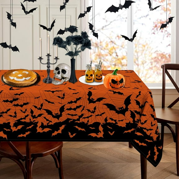 Halloween Tablecloth Rectangle 60x84 Inch, Halloween Table Cloth Rectangle Bat Spider Web Tablecloths Cover Decor for Party, Orange
