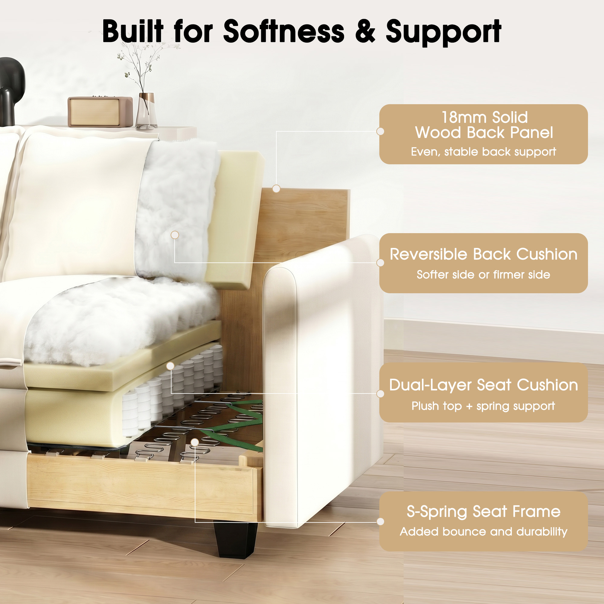 BedLuxury 111.5 in U-Shaped Modular Sectional Sofa, Beige photo 7