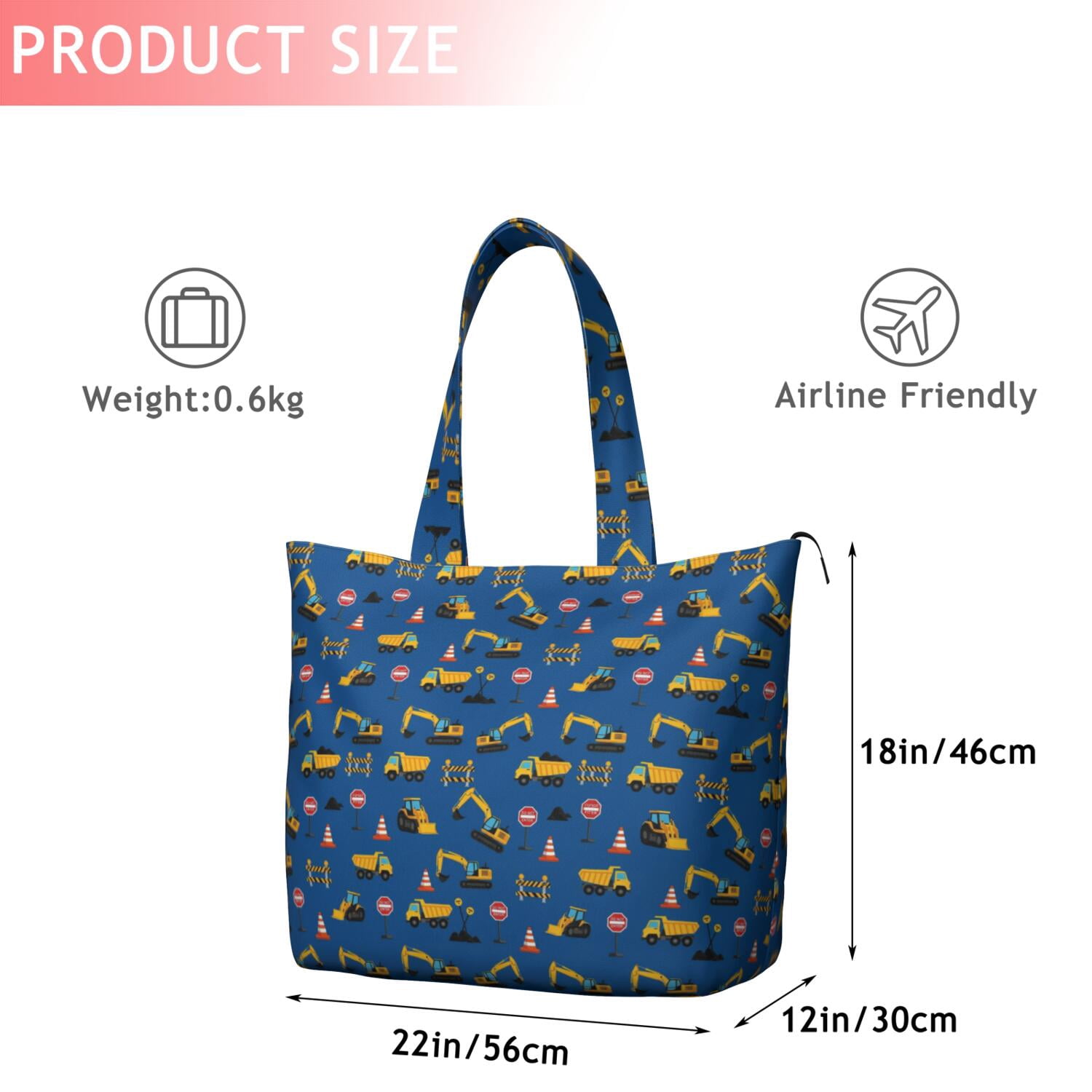 Cartoon Construction Vehicles Traffic Signs Travel Tote Bags for Women Carry On,Large Weekender Bags for Women Travel,Multi Functional Duffle Bag for Work,Shopping,Sports