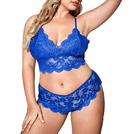 

Plus size Women Lace Sexy Lingerie Bralette Set Halter Bra 2 Piece Pajamas