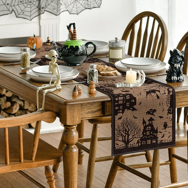 Home Textile Products Black Tan Witch Halloween House Tree Table Runner: Kitchen Dining Table Decoration For Home 13x48 Inch