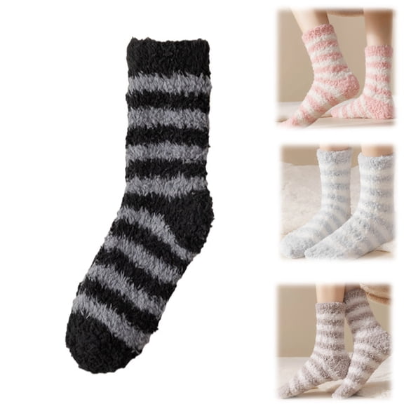 Womens Fuzzy Crew Socks Fluffy Striped Warm Cozy Winter Socks Soft Plush Thick Casual Lounge Socks (Black)