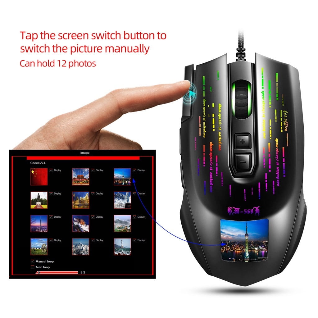 PRINxy Gaming Mouse With Touch-Screen Display 6400DPI RGB Backlight Gamer Mice For PC Game/Office Mouse Electronics Gadgets Computer Accessories Black