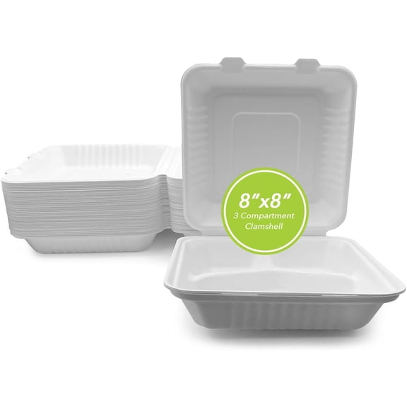 three leaf 8" x 8" 3 COMPARTMENT BAGASSE CLAMSHELL, 200 Ct. Heavy-Duty- Super Strong- Natural- Eco-Friendly Disposable Bagasse Clamshell, 100% Biodegradable 8 inch clamshell