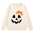 thumbnail image 2 of UACY Toddler Girls Halloween Crewneck Sweatshirt, Pumpkin Face Bow Fleece Pullover, Long Sleeve Soft Fall Tops for Kids Holiday Party Wear (Beige, 3-4 Years), 2 of 7