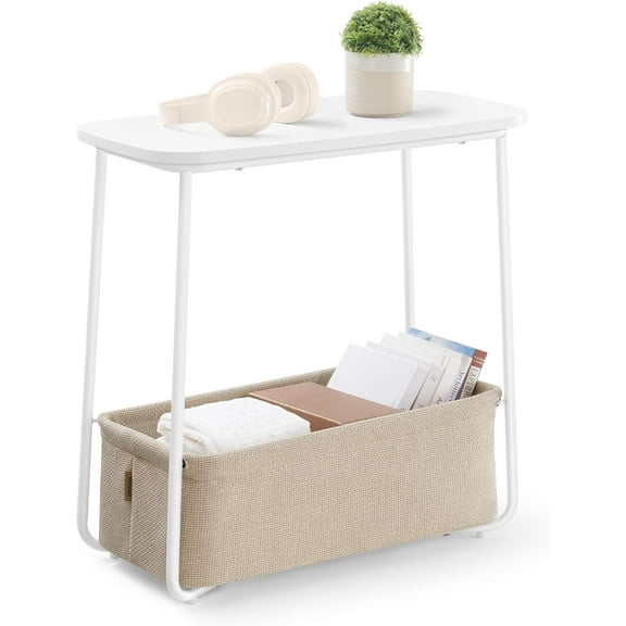 Round side table, modern bedside table with fabric basket