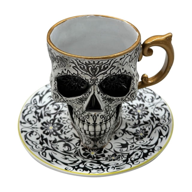Artículos de cocina, tazas, taza de café con calavera, juego de taza de café con calavera y platillo, taza de té gótica con adornos dorados, taza de café con calavera, regalo de Halloween, ideal para