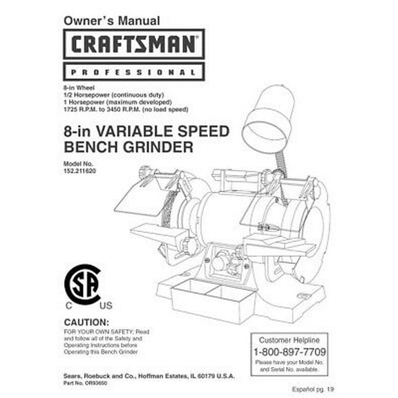 Instruction Manual ONLY for Craftsman 152.211620 Bench Grinder Owners Instruction Manual REPRINT