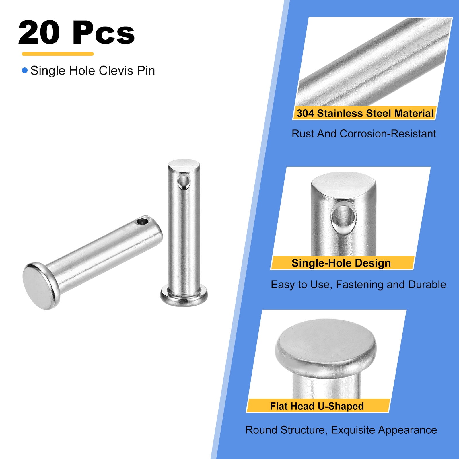 20Pcs M10 x 40mm Single Hole Clevis Pins, 304 Stainless Steel Flat Head Pin