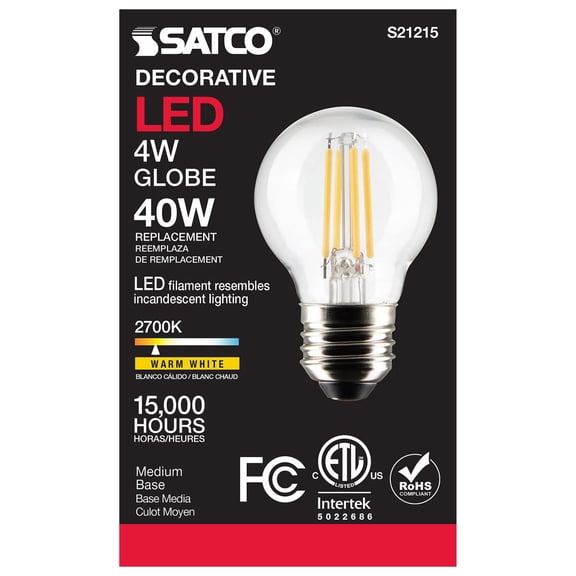 Satco S21215 G16.5 Globe LED Light Bulbs 4W 120V 2700K 90 CRI E26 Medium Base Dimmable (6 Pack)