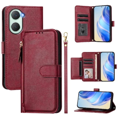 Filp Case for VIVO Y18 4G Zipper Pocket Magnetic Flip Wallet Phone Case with 7 Card Slots and Wrist Strap