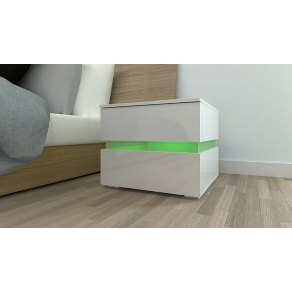 UBesGoo LED Lighted 2 Drawers Nightstand Storage High Gloss End Table Side Bedside Living Room Furniture,White