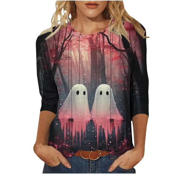 Enjoytime Womens Tops Halloween Ghost Printed Crew Neck 3/4 Sleeve Shirts Plus Size Fashion Vintage Funny Casual Party Tees