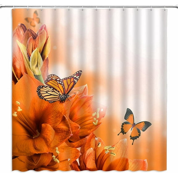 Flower Butterfly Shower Curtain Orange Floral Dream Spring Blossom Plant Beautiful Animal Butterflies Wings Nature Garden Scenery Home Decor Fabric Bathroom Set with Hooks（70" WX70 H）