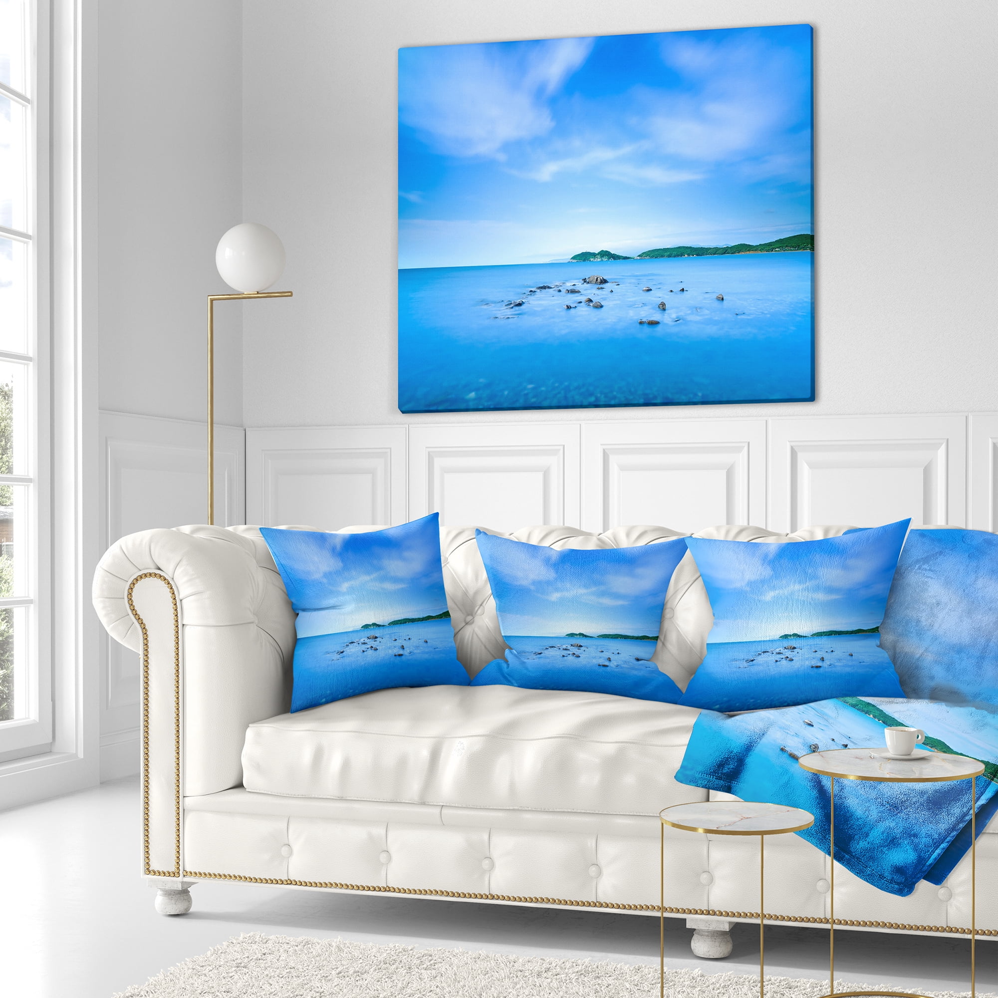 Designart Baratti Bay Small Rocks in Blue Sea - Seashore Throw Pillow - 18x18