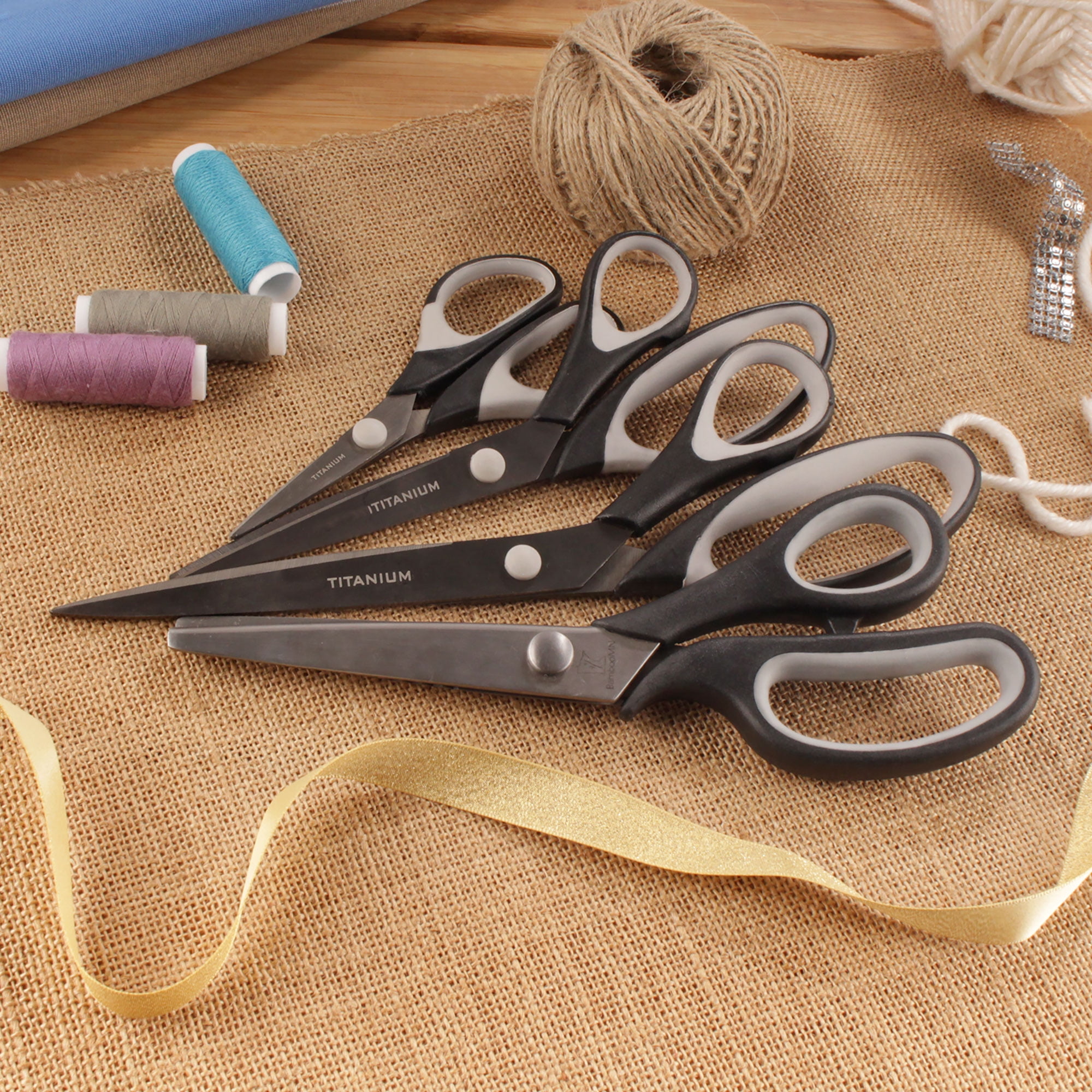 BambooMN Titanium Softgrip Scissors Set - Pinking, Sewing, Arts, Crafts, Office - 1 Set of 4 - Black w/Dark Grey Inlays