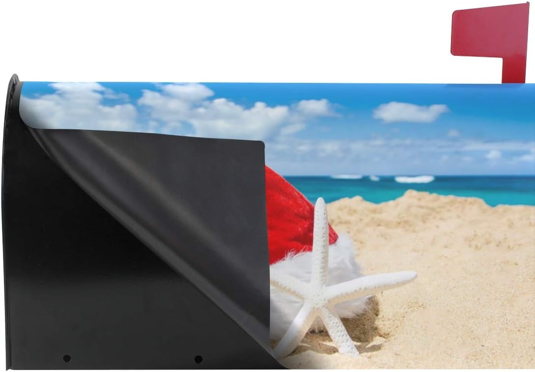 Christmas Santa Hat on The Beach with Starfish Magnetic Mailbox Cover New Year Oversized for Garden Yard Outdoor Decorations-25.5" x20.8