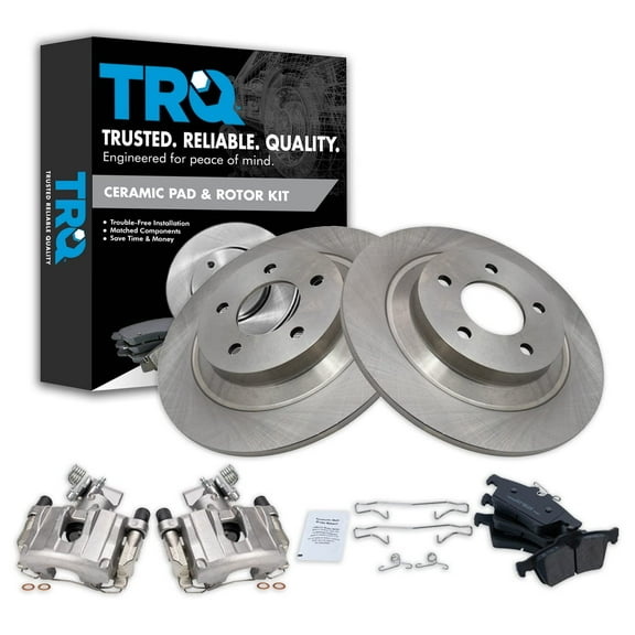 TRQ Rear Brake Pad & Rotor Kit Brake Caliper Brake Pads Brake Rotor Ceramic Solid Fits Select 2007-2008 Mazda 5